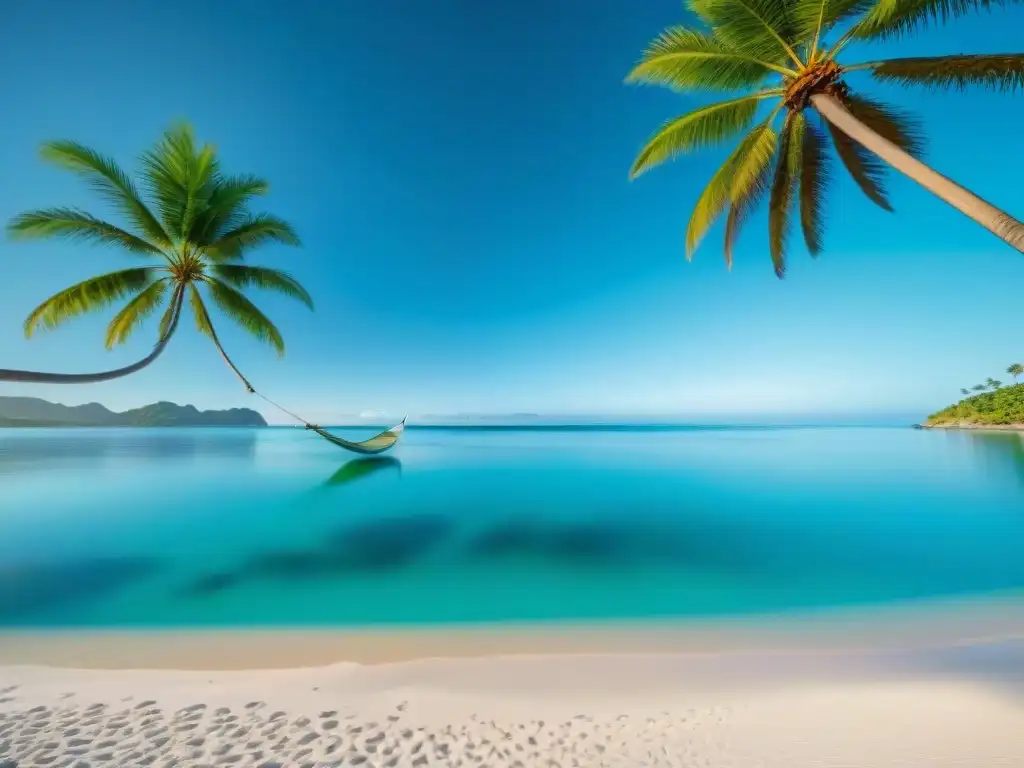 Paraíso tropical exclusivo: playa de ensueño en Asia-Pacífico Playas serenas y lujosas mundo: Una playa aislada con palmeras, aguas turquesas y una hamaca entre árboles