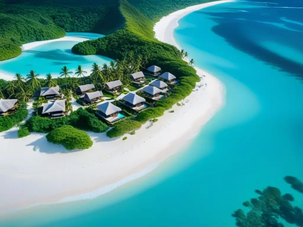 Paraíso exclusivo: playa de arena blanca y aguas turquesas Playas serenas y lujosas mundo: vista aérea de una playa de arena blanca bordeada de villas con techo de palma, aguas turquesas y yates elegantes