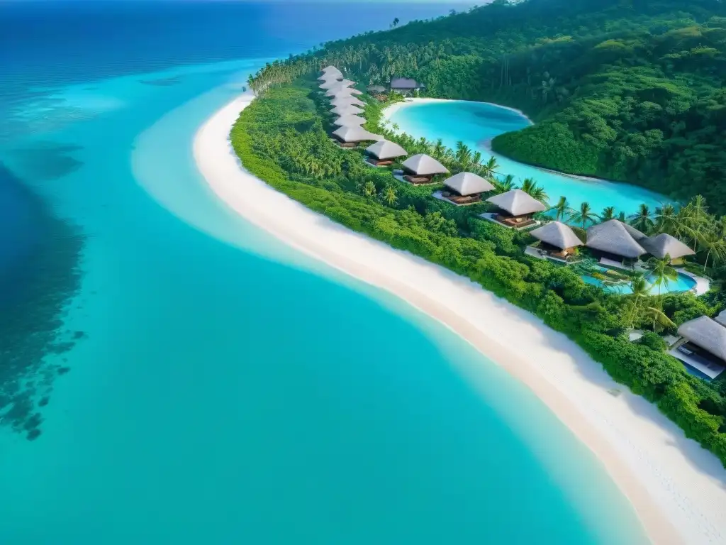 Paraíso tropical: Playa exclusiva con aguas turquesas y villas de lujo Playas serenas y lujosas mundo: Vista aérea de una playa paradisíaca con aguas turquesas, arena blanca y vegetación exuberante