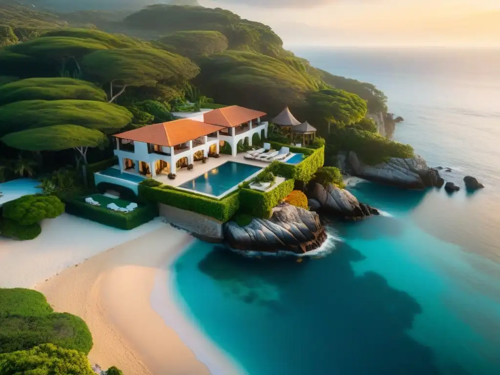 Propiedad costera de lujo al atardecer: exclusividad y opulencia Pólizas premium propiedades lujo costeras: Exclusiva propiedad costera con piscina infinita y acceso a la playa al atardecer