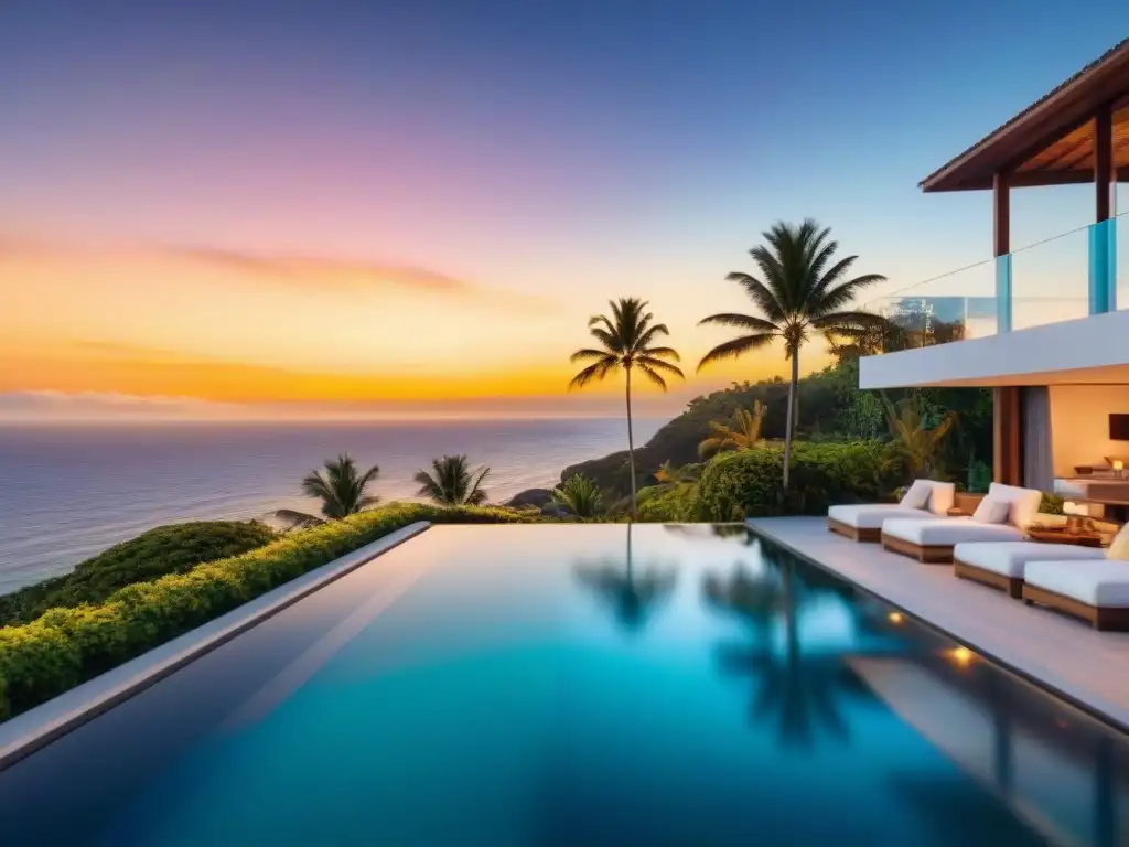 Propiedad de lujo frente al mar al atardecer Pólizas premium propiedades lujo costeras: Residencia costera lujosa al atardecer con diseño moderno, piscina infinita y acceso privado a la playa