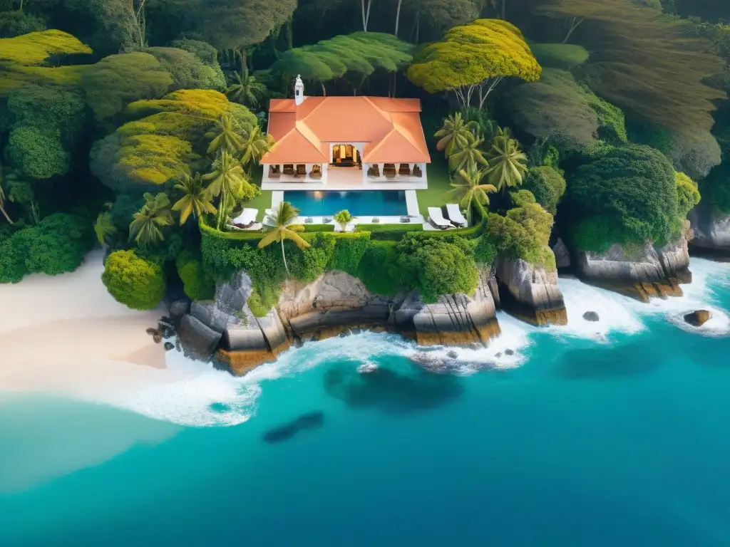 Propiedad costera de lujo: exclusividad y serenidad Pólizas premium para propiedades de lujo costeras en sereno escenario con vistas al mar al atardecer
