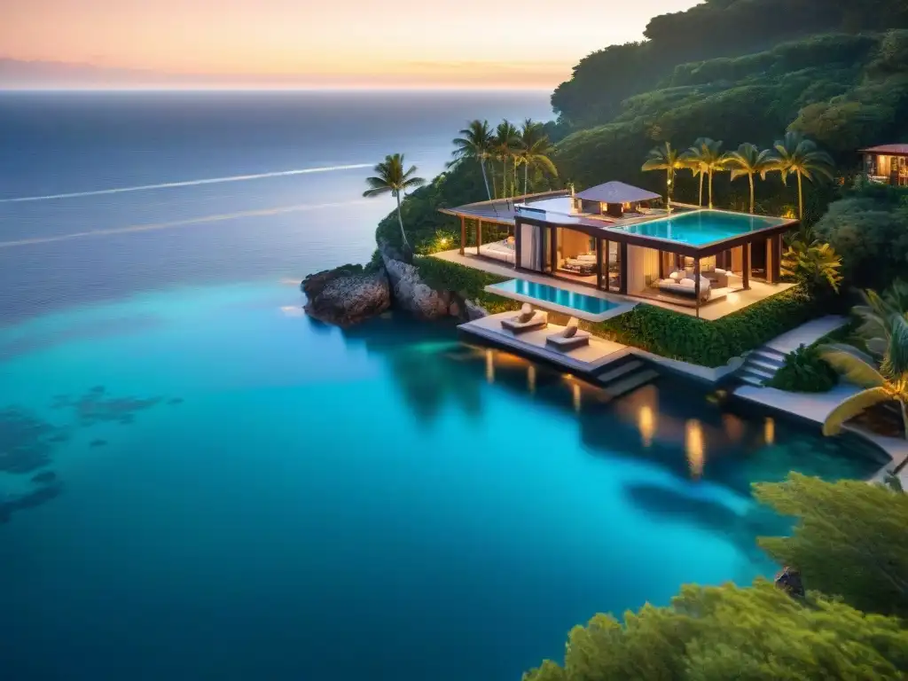Villa de lujo en acantilado: atardecer dorado Pólizas premium propiedades lujo costeras: Villa de lujo en acantilado con piscina infinita y vistas al mar turquesa al atardecer