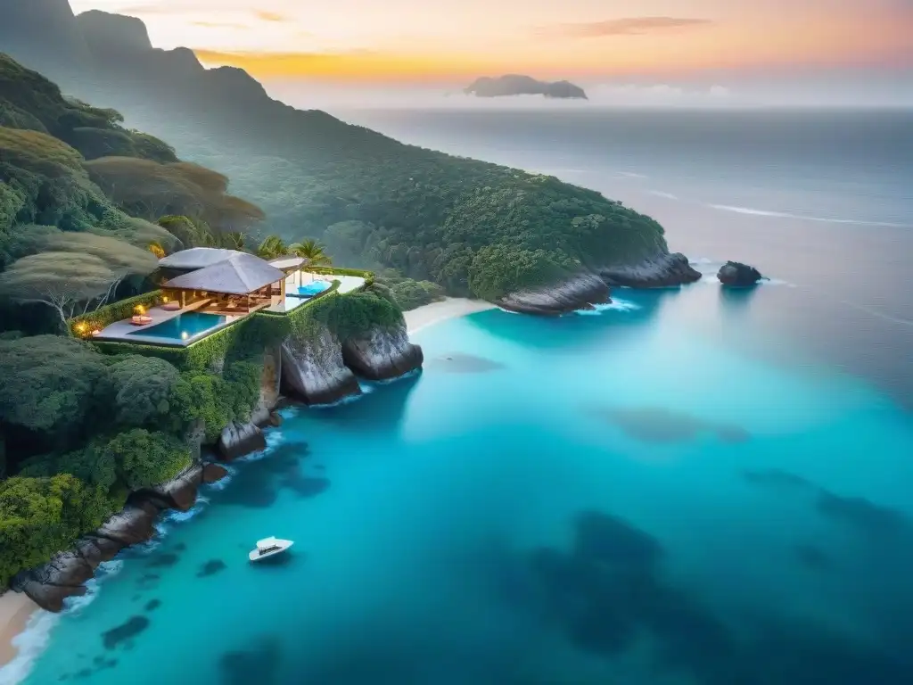 Residencia de lujo en acantilado con piscina infinita y vista al mar Pólizas de seguro para propiedades costeras: Mansión de lujo en acantilado con vista al mar, piscina infinity y jardines tropicales al atardecer