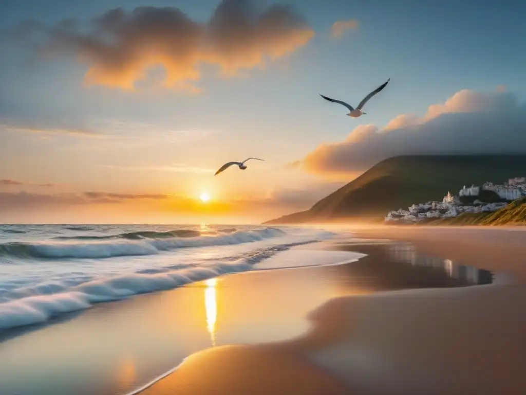 Puesta de sol serena en la costa: paz y bienestar junto al mar Una postal de bienestar: pareja camina tomada de la mano en la playa al atardecer, con gaviotas en el cielo dorado