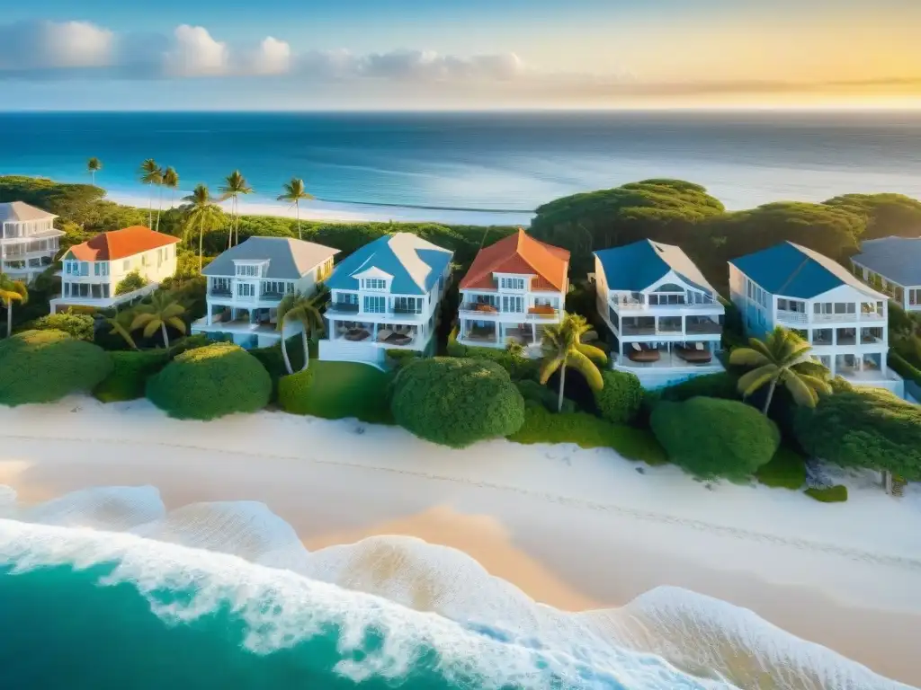 Propiedad costera al atardecer: lujo y serenidad en el paraíso Potencial plusvalía propiedades costeras: Atardecer dorado en playa exclusiva con lujosas casas y veleros en el mar
