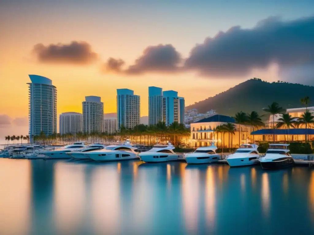 Horizonte costero de lujo al atardecer: inversión exitosa en bienes raíces Predicciones mercado inmobiliario costero: Skyline moderno de ciudad costera al atardecer, con propiedades lujosas y marina bulliciosa