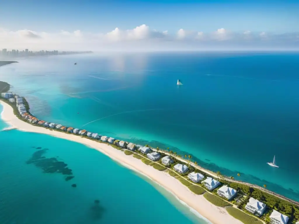 Costa lujosa y exclusiva: playas, yates y condominios de lujo Predicciones mercado inmobiliario costero: Lujosas propiedades y modernos condominios frente al mar, aguas turquesas y yates navegando