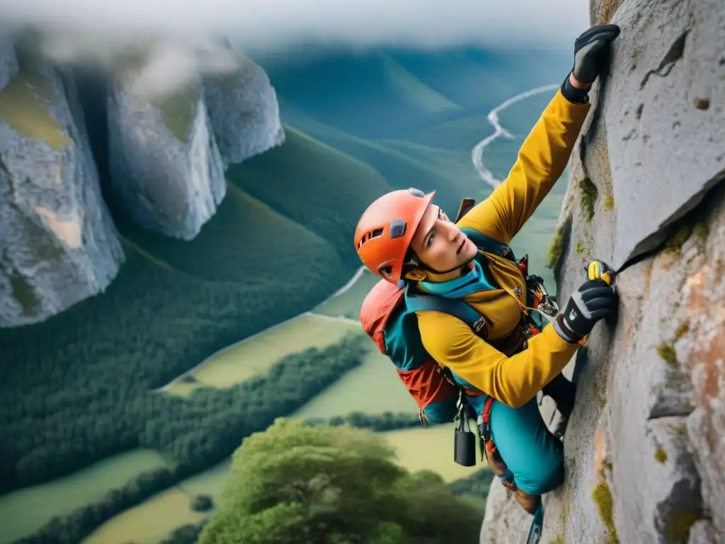 Desafiando acantilados: escalada para principiantes Un principiante intrépido escalando acantilados, rodeado de un paisaje rocoso y vasto