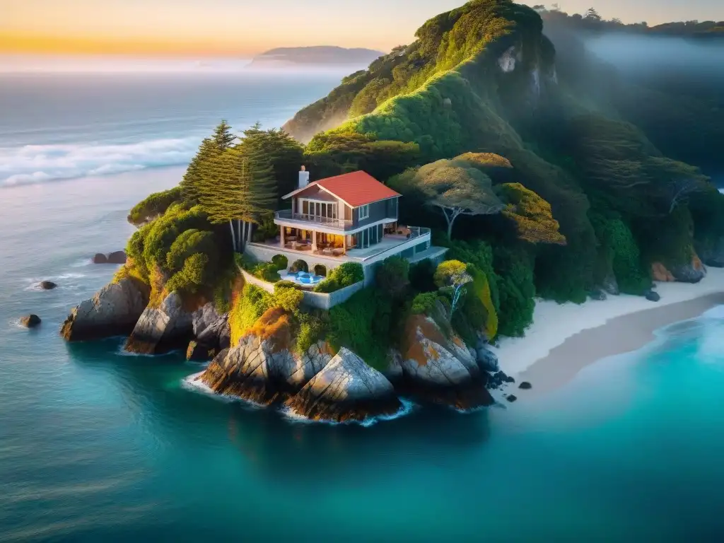 Refugio costero: privacidad entre naturaleza y mar Resguardando la privacidad de un hogar costero entre la naturaleza exuberante y el mar reluciente al atardecer