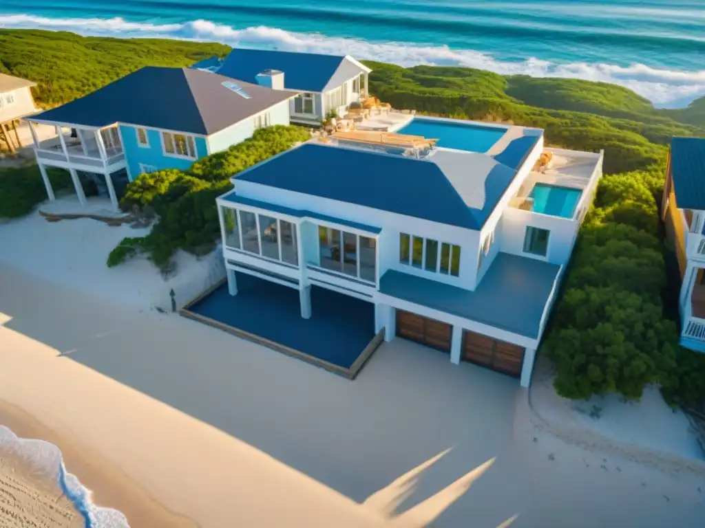 Construcción de casa moderna en la playa: etapas y detalle Proceso de construcción de casa en la playa con financiamiento, etapas desde cimientos hasta techo, materiales esparcidos y vista al mar
