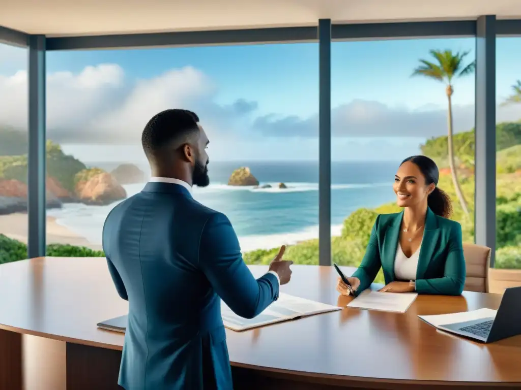 Profesionalismo legal en compra de propiedades costeras Profesional asesoramiento legal compra propiedades costeras en oficina moderna con vista al mar