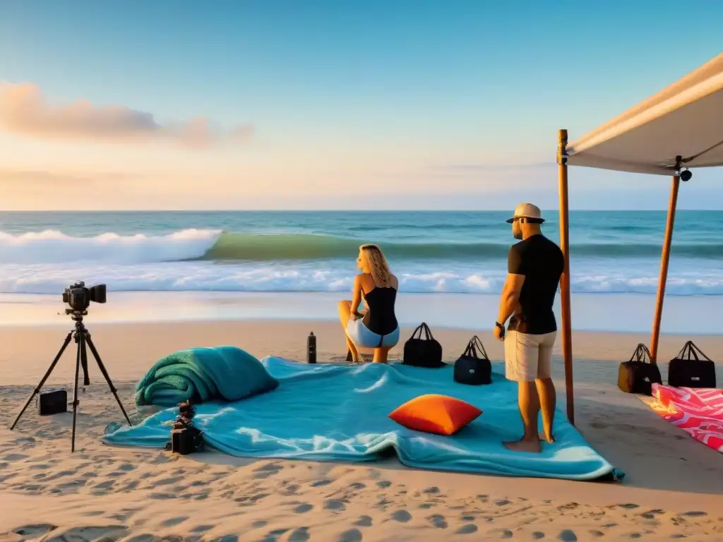 Preparativos fotográficos al amanecer en la playa Profesionales preparando sesión fotográfica en la playa al amanecer