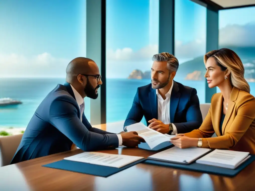 Profesionales legales en discusión: inversiones inmobiliarias costeras Profesionales legales discutiendo inversiones en propiedades costeras, con vista al mar