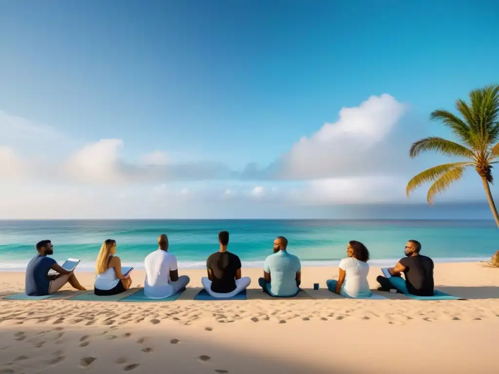Workshop creativo en la playa: aprendizaje y relax bajo el sol Profesionales en workshop en la playa, brainstorming bajo palmeras y cielo azul