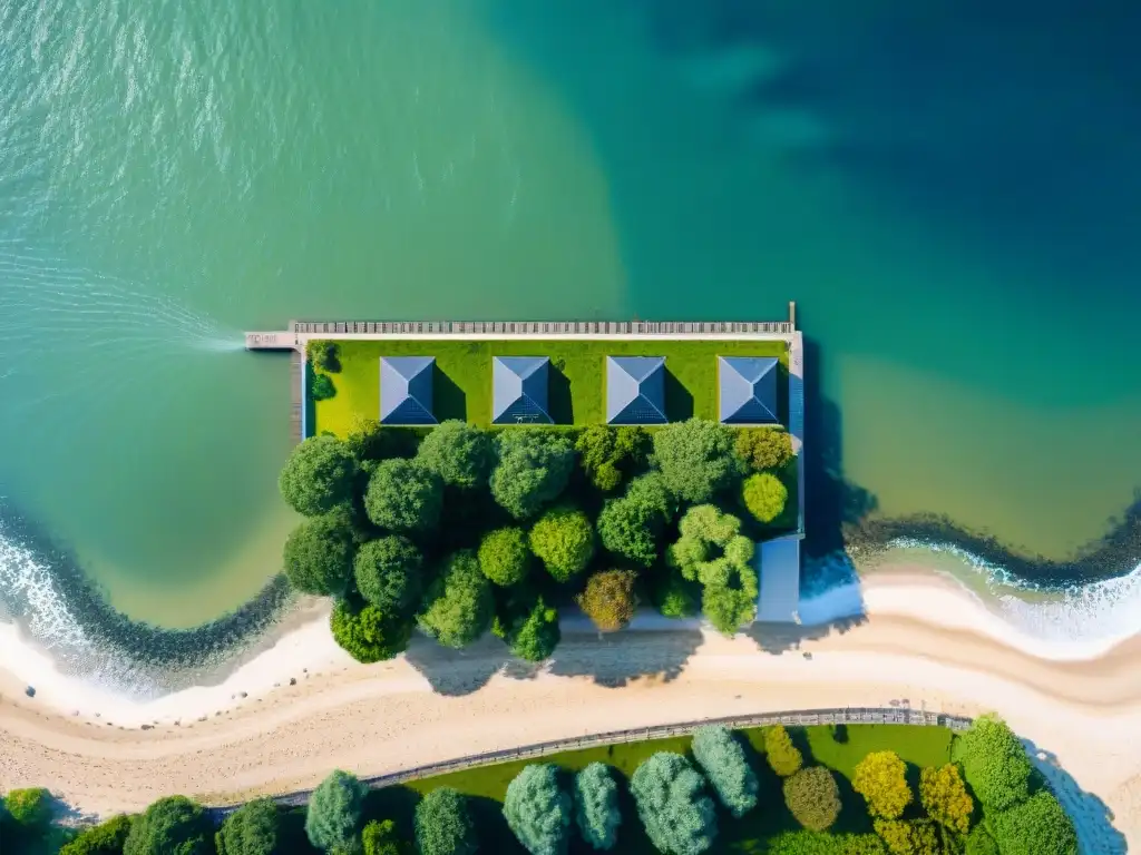Propiedad costera: adaptación al cambio climático Propiedad costera con adaptación al clima: barreras contra inundaciones, techos verdes y paneles solares en un entorno de costa cambiante