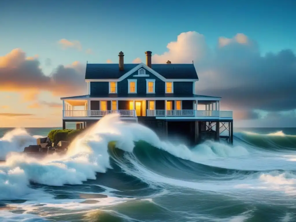 Inminente riesgo: propiedad costera devorada por el mar Propiedad costera amenazada por el mar, resaltando la importancia de los seguros para propiedades costeras