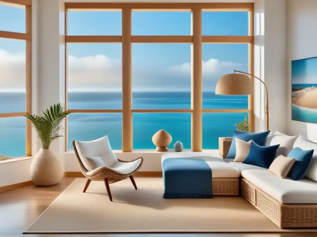 Propiedad costera con decoración marina y vistas al mar Una propiedad costera con arte costero en su decoración, ventanales con vistas al mar y tonos azules y beige