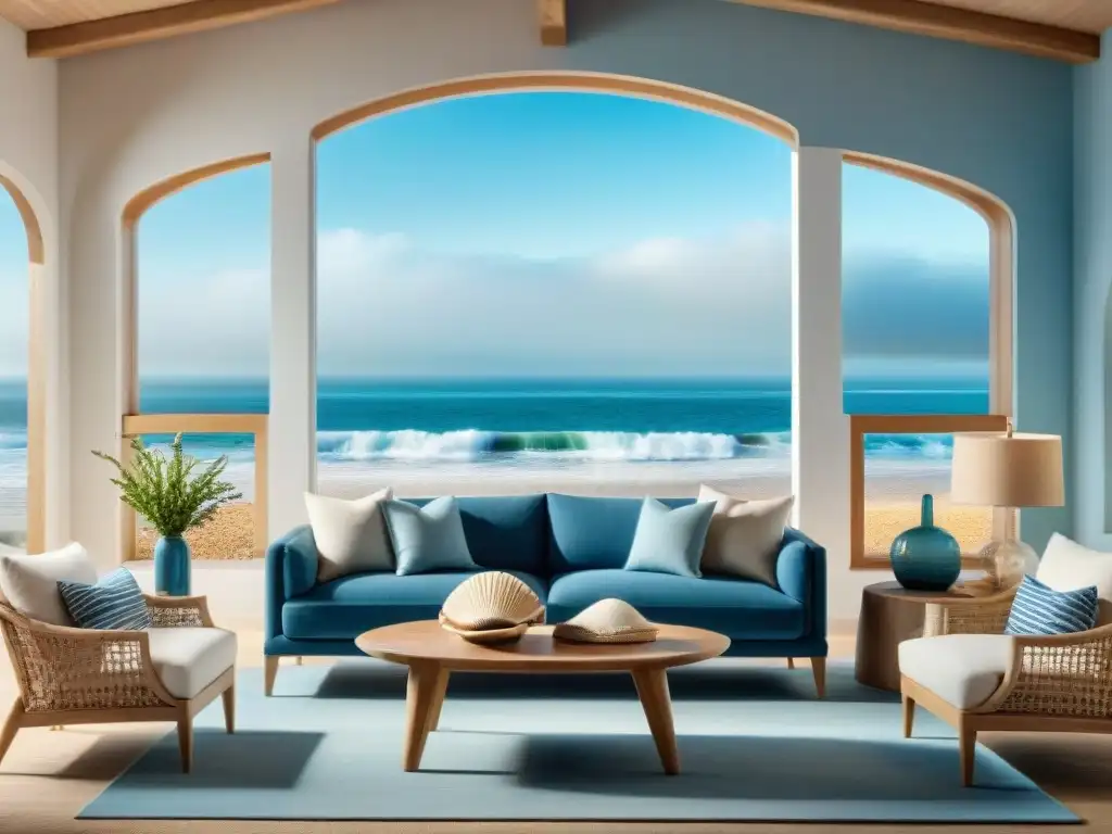 Sala costera serena con decoración marina relajante Decoración de propiedad costera con arte marino: living sereno con paleta de colores azules y neutros, muebles de madera a la deriva y conchas marinas