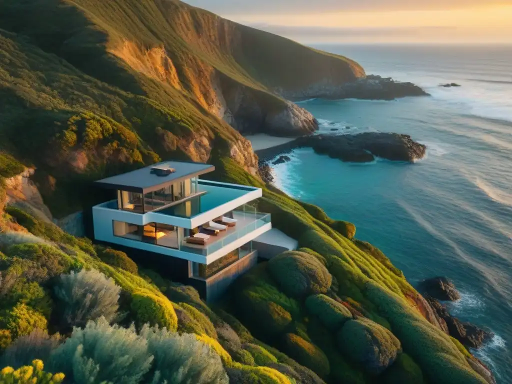 Residencia moderna frente al mar: lujo minimalista en acantilado Propiedad costera de arte moderno en acantilado con vistas al mar al atardecer
