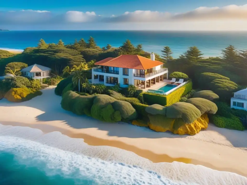 Villa de lujo frente al mar al atardecer: exclusividad costera Propiedad costera al atardecer con villa de lujo, jardín y playa privada