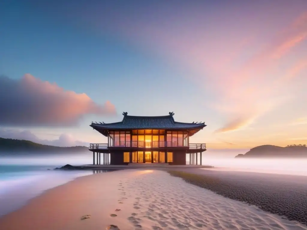 Propiedad costera al amanecer: armonía entre arquitectura y naturaleza Fotografía de una propiedad costera al amanecer, bañada por la cálida luz dorada, con sombras largas en la playa