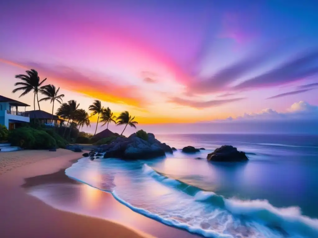 Propiedad costera de ensueño al atardecer: colores vibrantes y serenidad Propiedad costera capturando la belleza del atardecer en un escenario sereno con colores vibrantes