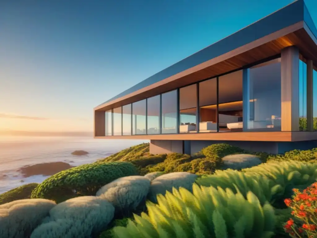 Diseño arquitectónico costero ecoinnovador con vistas al mar Propiedad costera con diseño innovador, integración perfecta con la naturaleza y vistas al mar al atardecer