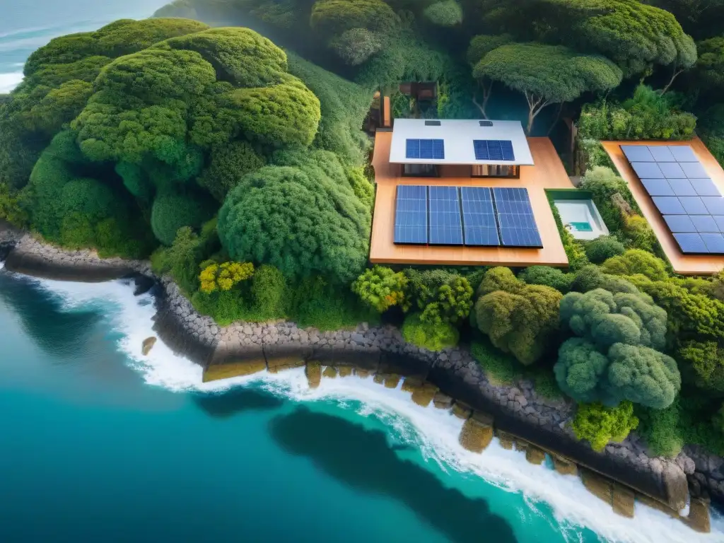 Propiedad costera sostenible: innovación frente al cambio climático Propiedad costera con diseño innovador climático, integrando sostenibilidad y estética