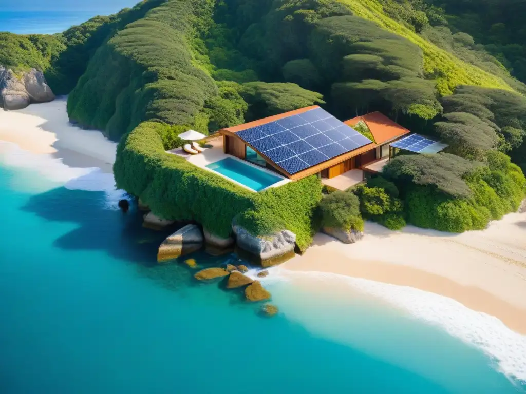 Propiedad costera sostenible: armonía arquitectónica en paisaje marino Propiedad costera con diseño integrado en paisaje maravillado junto al mar y vegetación exuberante