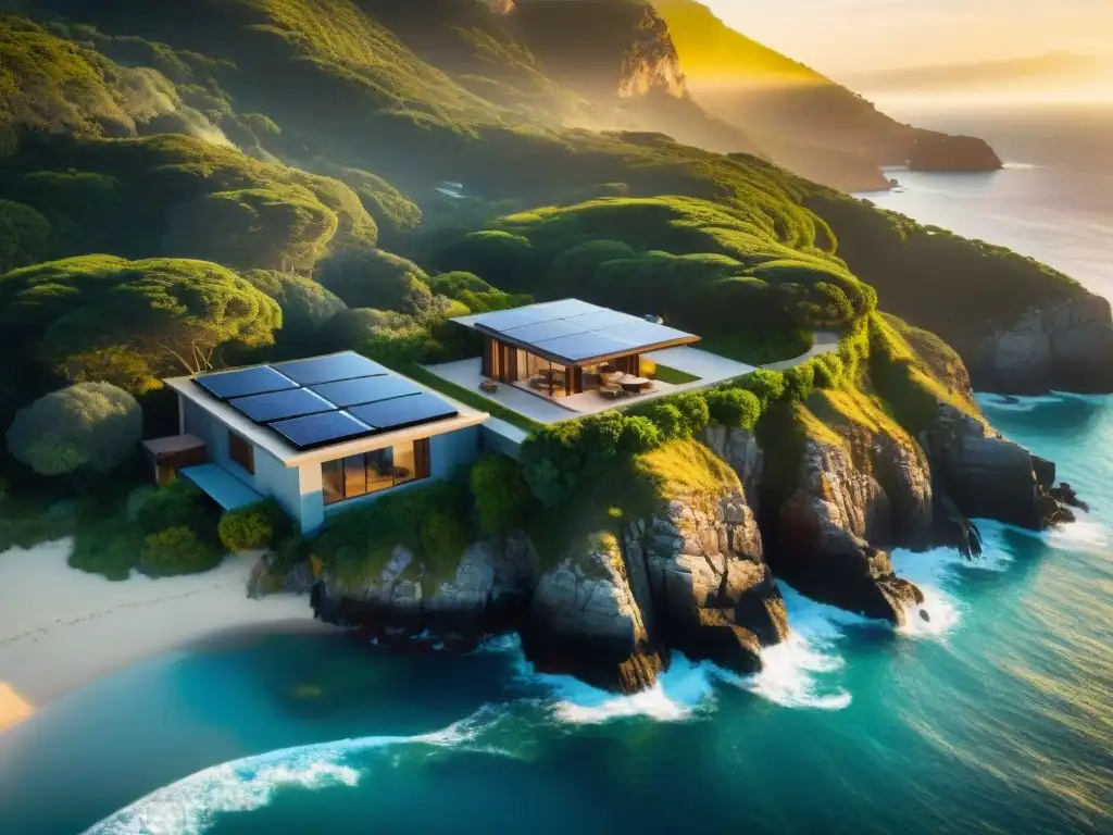 Propiedad costera sostenible: diseño innovador y armonía natural Propiedad costera con diseño sostenible: paneles solares, recolección de agua lluvia y vegetación nativa, reducir huella carbono propiedades costeras