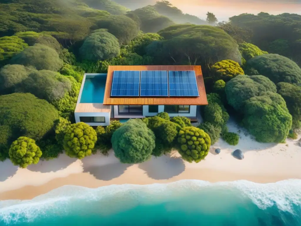 Propiedad ecofriendly en la playa: diseño sostenible y belleza costera Propiedad costera ecoamigable reduciendo huella carbono con solar panels y diseño sostenible en armonía con la naturaleza