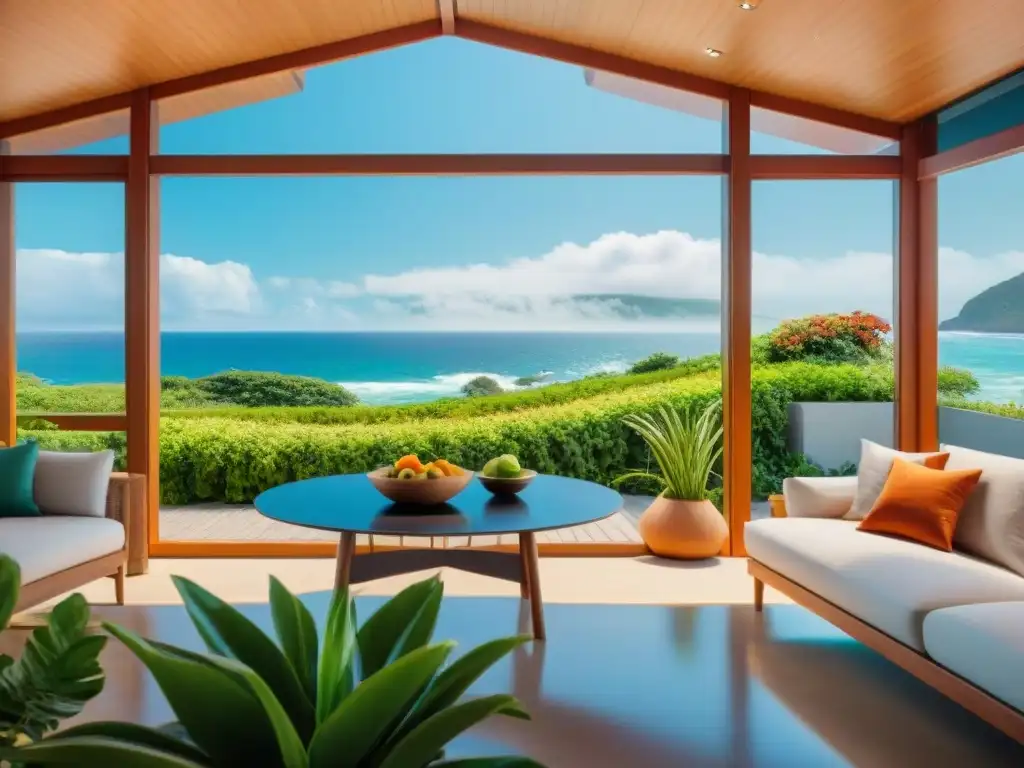 Propiedad ecológica frente al mar: diseño moderno y sostenible Propiedad costera ecoamigable de lujo con vista al mar, energía solar y familia disfrutando en patio reciclado