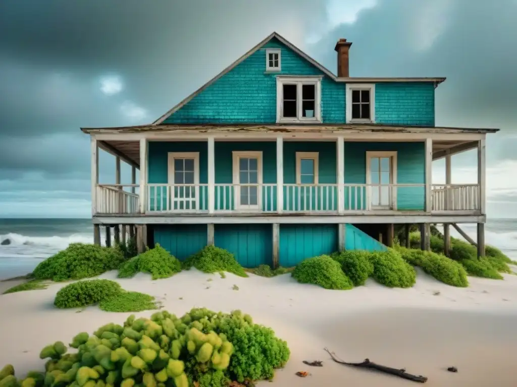 Abandono costero: propiedad en ruinas frente al mar Transformación de una propiedad costera: edificio abandonado con pintura desconchada y ventanas rotas en un día nublado, olas chocando en la playa