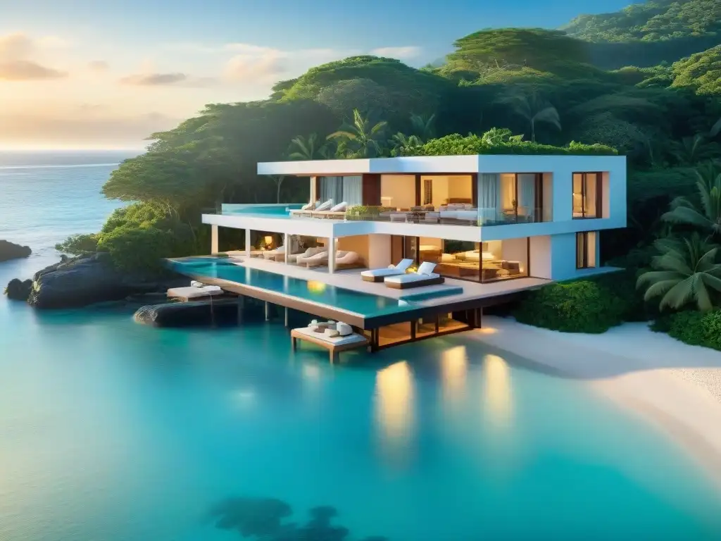Propiedad costera de diseño moderno con vistas panorámicas al mar Una propiedad costera de ensueño con moderno diseño arquitectónico, rodeada de exuberante vegetación y aguas turquesas