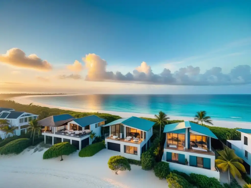 Residencia de lujo frente al mar: atardecer dorado Propiedad costera de ensueño con vista al mar, atardecer dorado, arena blanca y palmeras