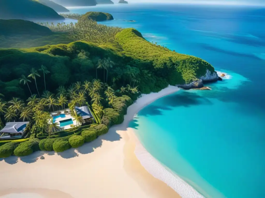 Propiedad costera paradisíaca: aguas turquesas, arena dorada y palmeras Propiedad costera de ensueño con vista aérea, aguas turquesas, playa dorada y palmeras verdes