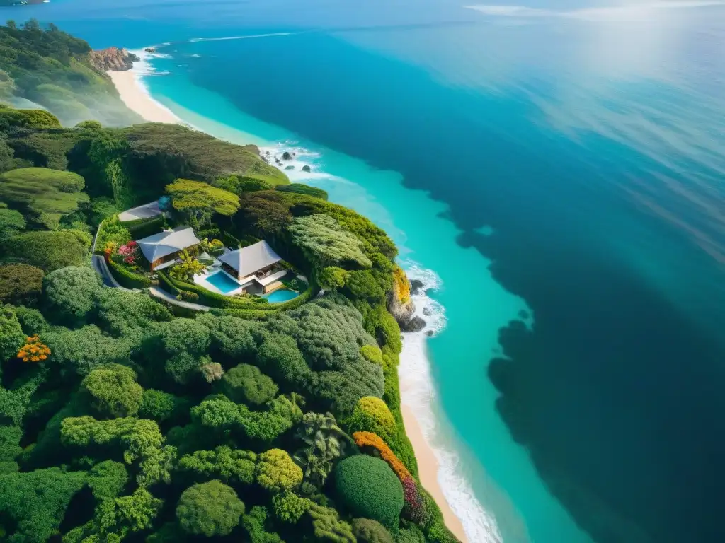 Diseño paisajístico costero: belleza natural Propiedad costera con estrategias de paisajismo, jardines vibrantes y vista al mar serena