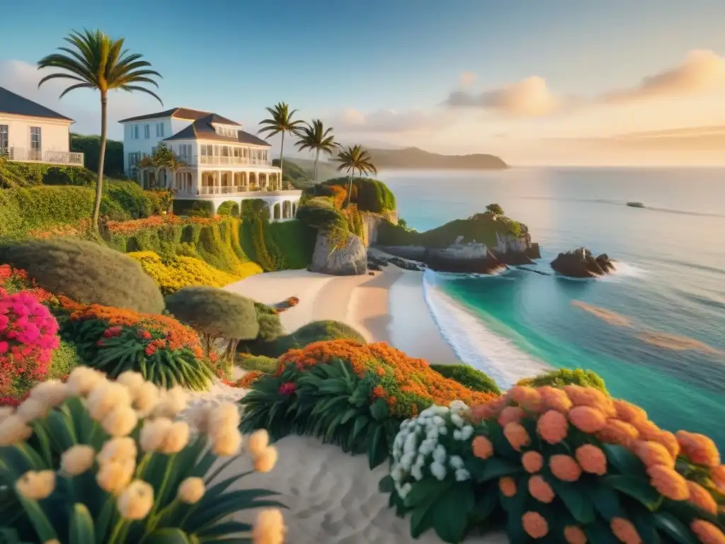 Paraíso costero: atardecer dorado entre flores y palmeras Propiedad costera con estrategias de paisajismo, flores vibrantes y una puesta de sol dorada en la playa