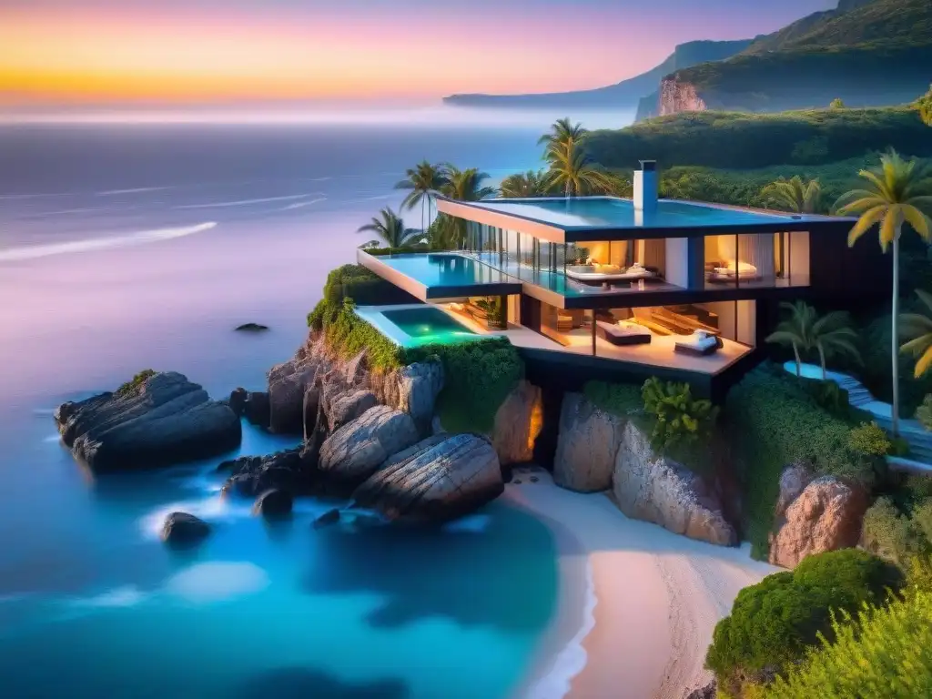 Residencia costera de lujo: diseño moderno con vista al mar Propiedad costera exclusiva con arquitectura moderna en acantilado, piscina infinita y vista al mar al atardecer