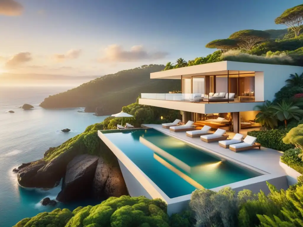 Propiedad costera de lujo con vistas al mar al atardecer Propiedad costera exclusiva con atardecer dorado, piscina infinita y diseño moderno