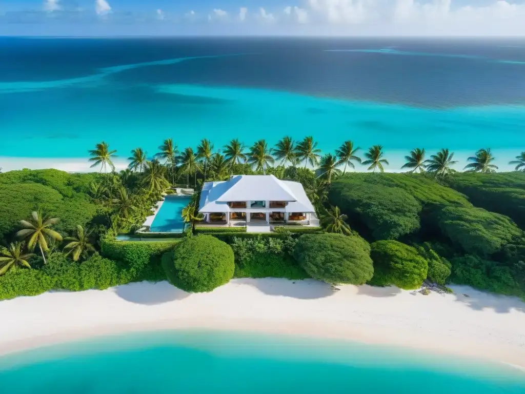 Residencia de lujo en costa paradisíaca con palmeras y playa privada Propiedad costera exclusiva con mansión lujosa, muelle privado y playa de arena blanca