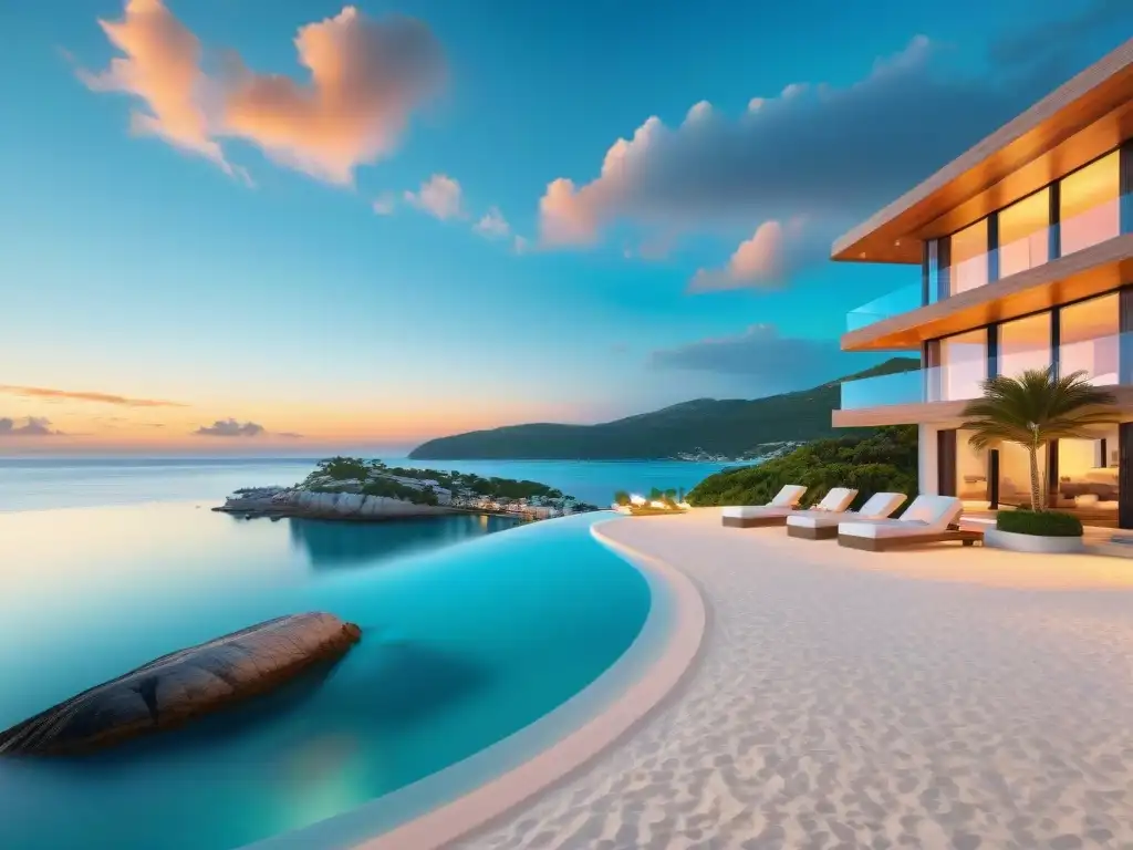 Propiedad costera exclusiva: lujo frente al mar Una propiedad costera exclusiva con muelle privado, rodeada de aguas turquesa y playas de arena blanca al atardecer