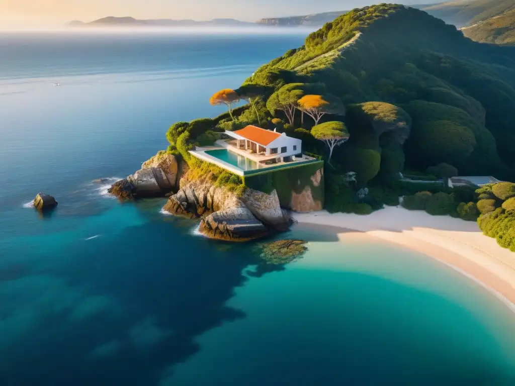 Villa de lujo en acantilado al atardecer: paraíso costero Transformar propiedad costera en hogar soñado al atardecer, villa moderna y lujosa sobre acantilado con vista al mar