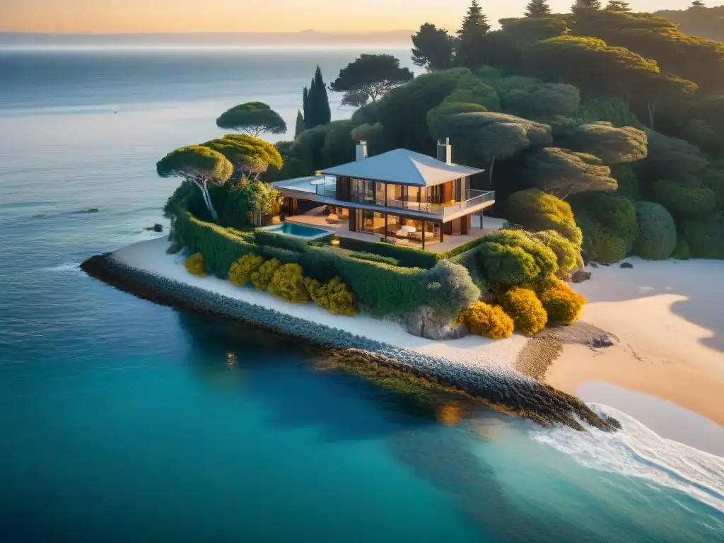 Propiedad costera de lujo al atardecer Transforma propiedad costera en hogar soñado con villa moderna, muelles privados y atardecer dorado