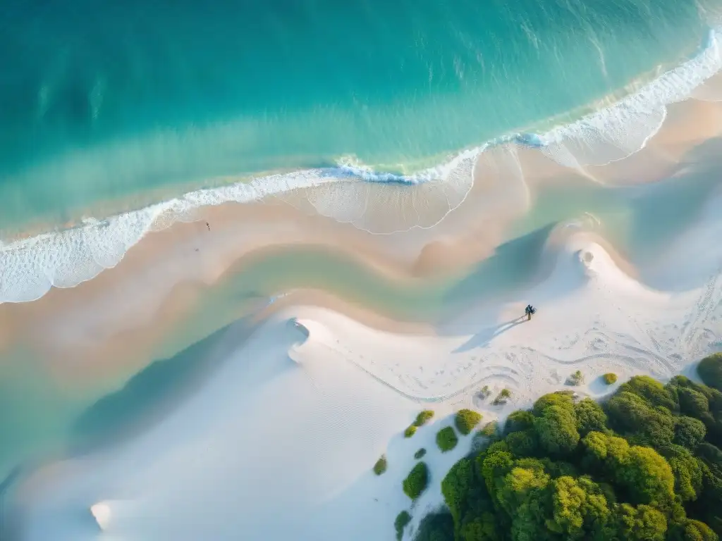 Costa paradisíaca: aguas turquesas, arena blanca y tecnología drone Explorando la propiedad costera ideal con tecnología mientras se aprecia la belleza natural y humana en la playa
