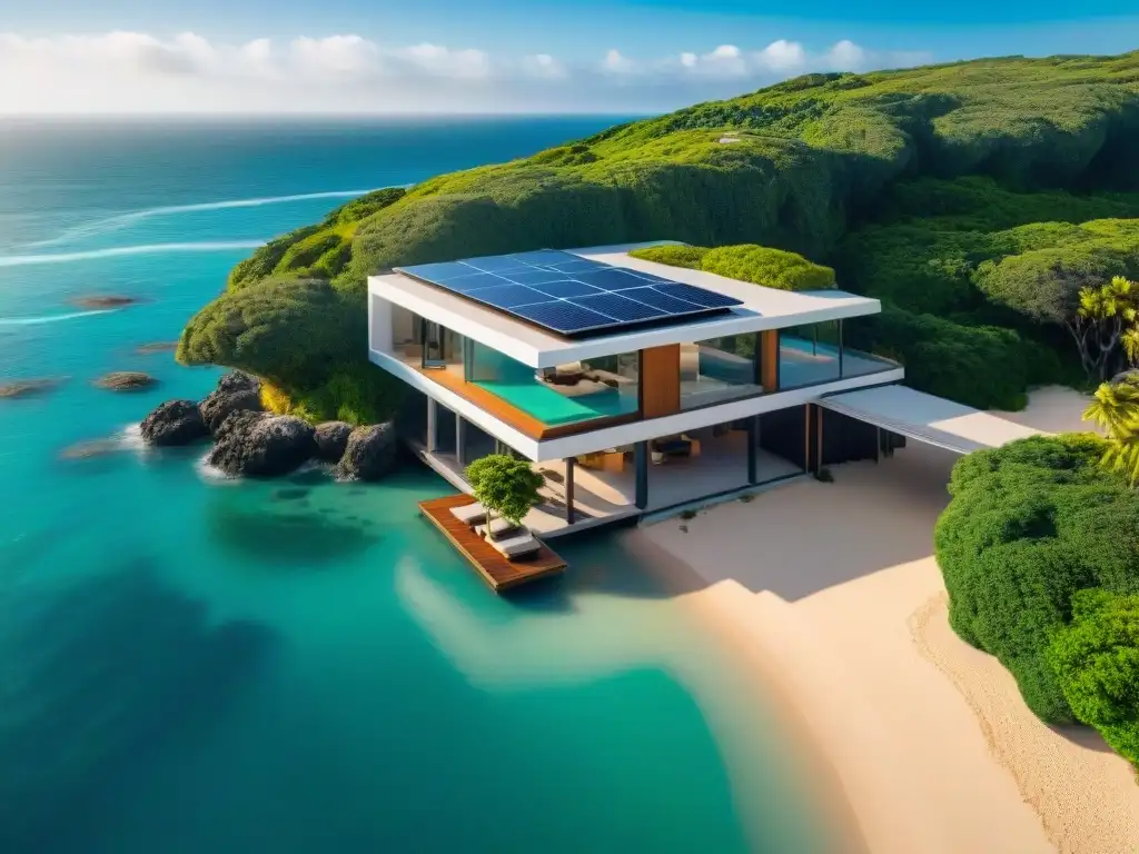 Residencia futurista en pilotes: vista aérea impactante Una propiedad costera innovadora en pilotes con diseño arquitectónico futurista y elementos sostenibles
