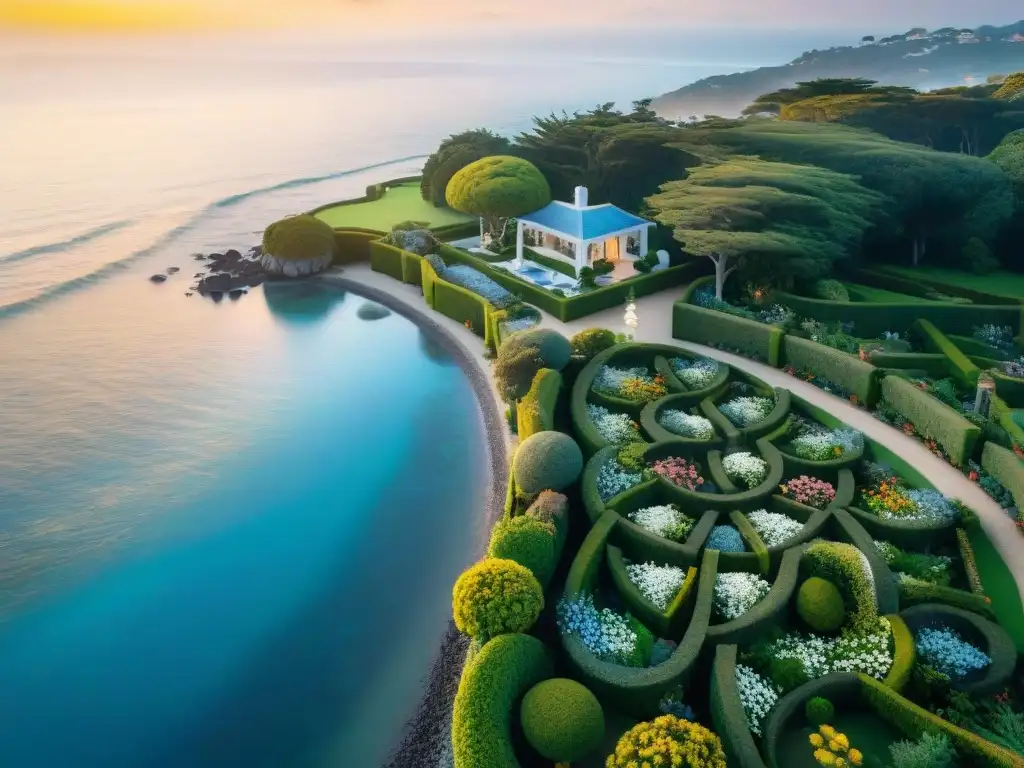 Propiedad costera de lujo: jardines exuberantes y vista al mar Una propiedad costera con jardines hermosos, caminos serpenteantes y vistas al océano azul bajo la cálida luz del atardecer