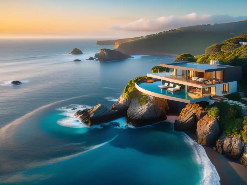 Residencia de lujo en acantilado al atardecer Propiedad costera de lujo en acantilado con vistas al mar y piscina infinita