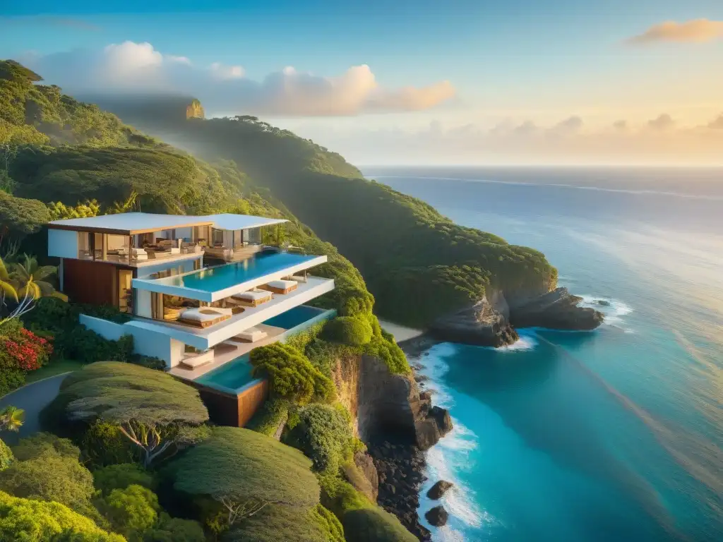 Propiedad de lujo en acantilado con vista al mar Propiedad costera de lujo en acantilado con vistas al mar al atardecer, piscina infinita y arquitectura moderna